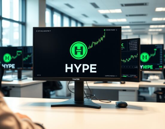 Professional trading desk with monitors showing HYPE cryptocurrency charts and positive market data.
