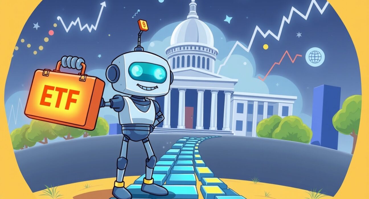 A vibrant cartoon illustrating the imminent approval journey of the Bitwise HYPE spot ETF towards regulatory acceptance.