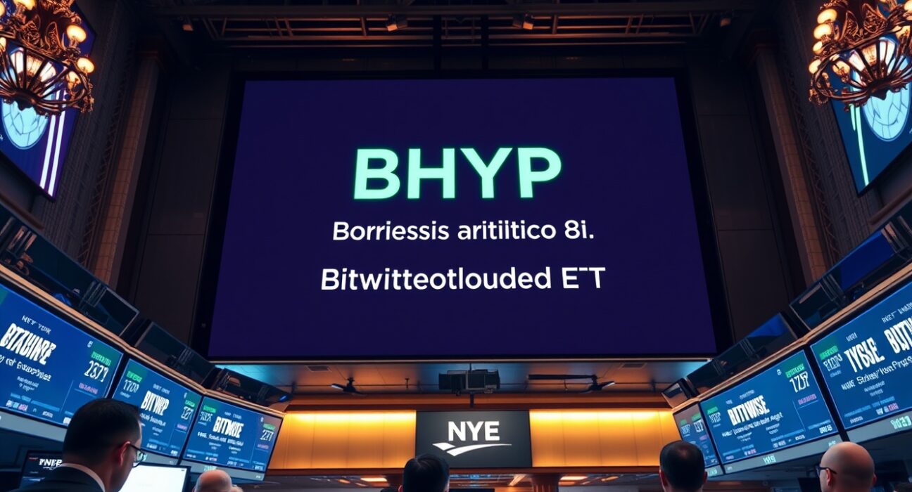 NYSE trading floor with BHYP ticker display showing Bitwise Hyperliquid ETF launch