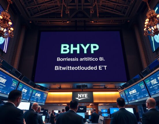 NYSE trading floor with BHYP ticker display showing Bitwise Hyperliquid ETF launch