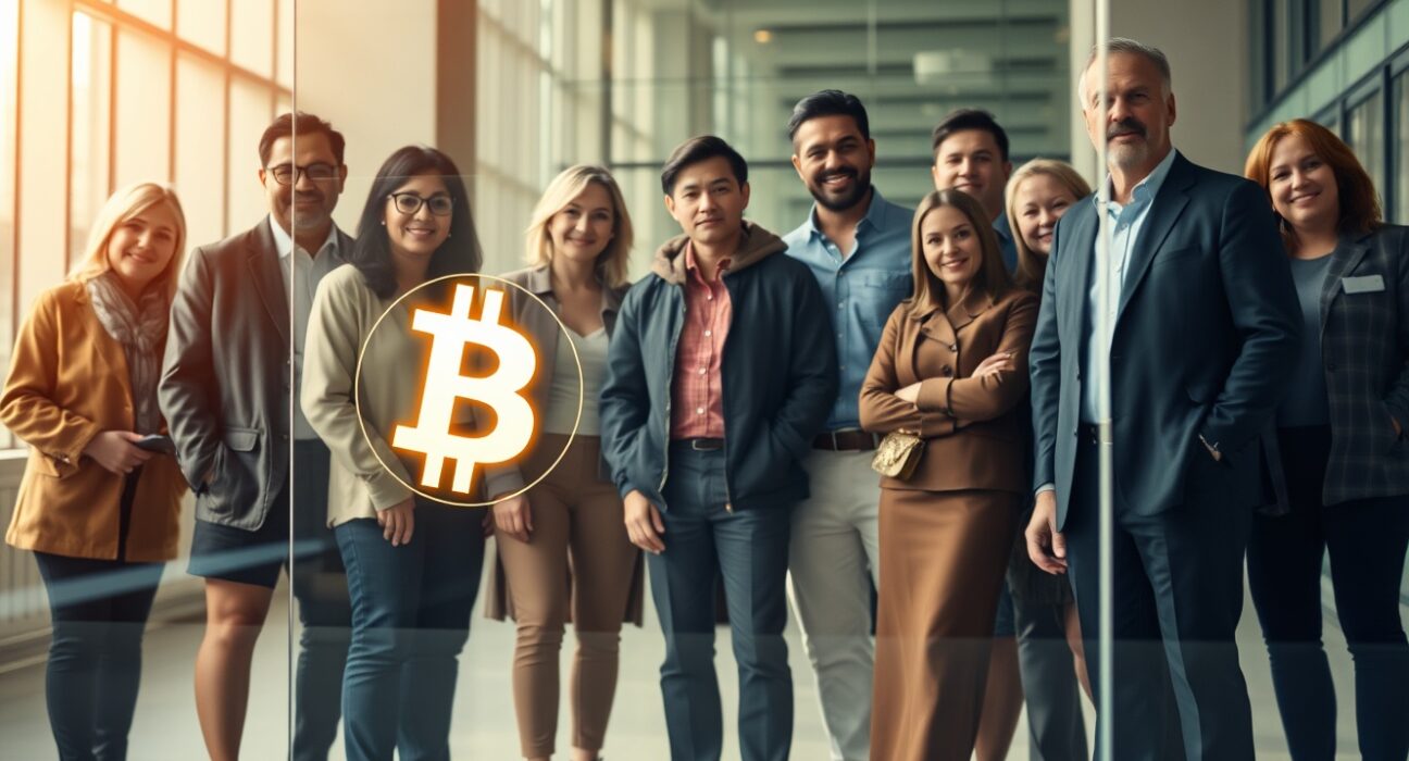 Diverse group of individual investors with a glowing Bitcoin symbol in foreground, representing retail Bitcoin ownership