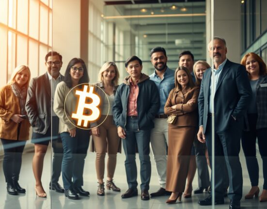 Diverse group of individual investors with a glowing Bitcoin symbol in foreground, representing retail Bitcoin ownership
