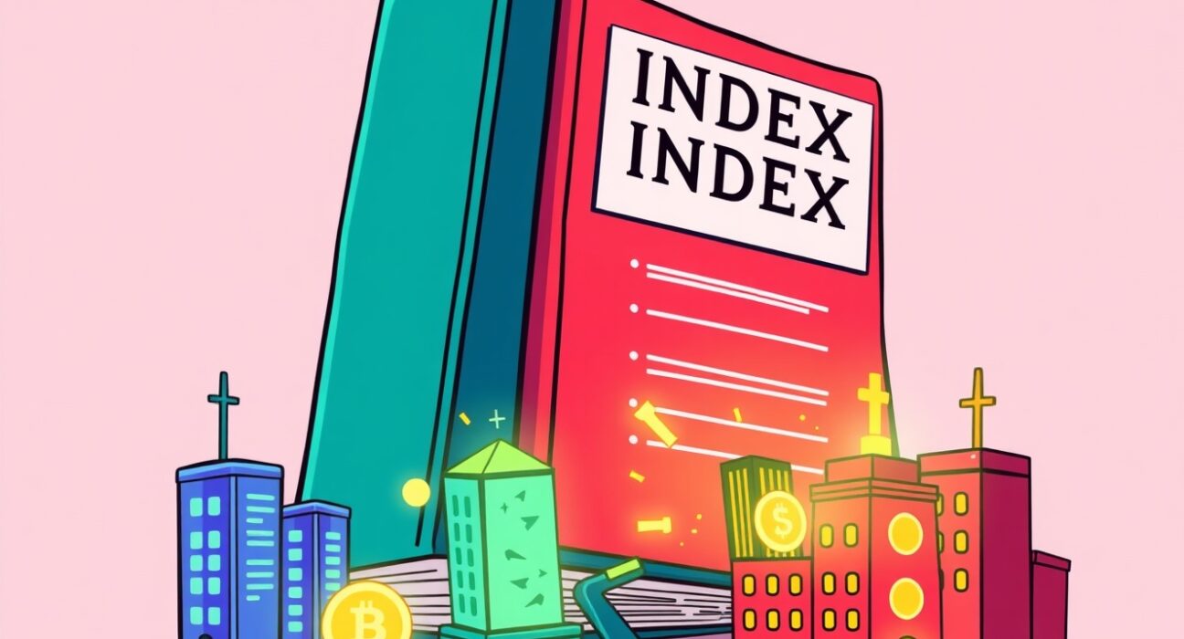 Cartoon illustration showing MSCI exclusion of crypto-holding firms creating market tension between traditional and digital finance