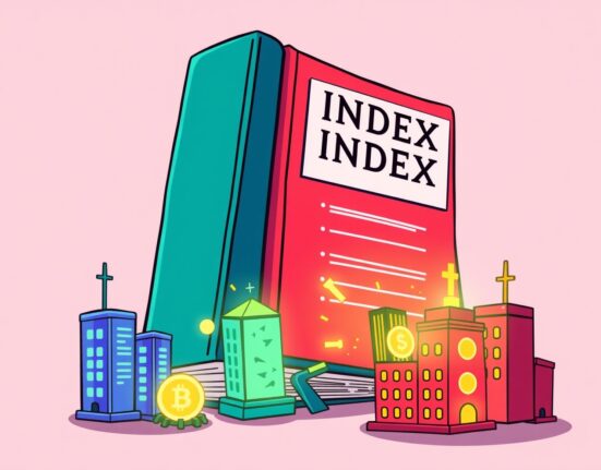 Cartoon illustration showing MSCI exclusion of crypto-holding firms creating market tension between traditional and digital finance