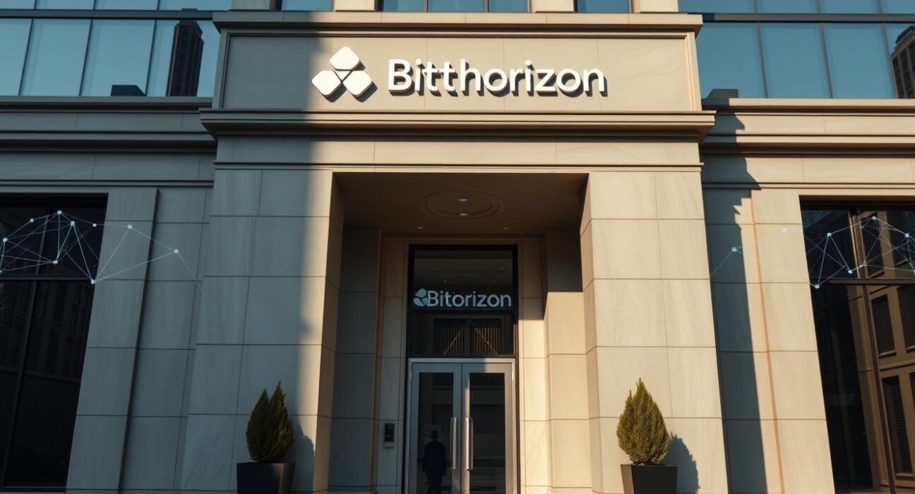 Modern financial building facade with digital blockchain overlay representing Aave and Bitwise partnership