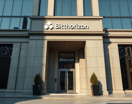 Modern financial building facade with digital blockchain overlay representing Aave and Bitwise partnership