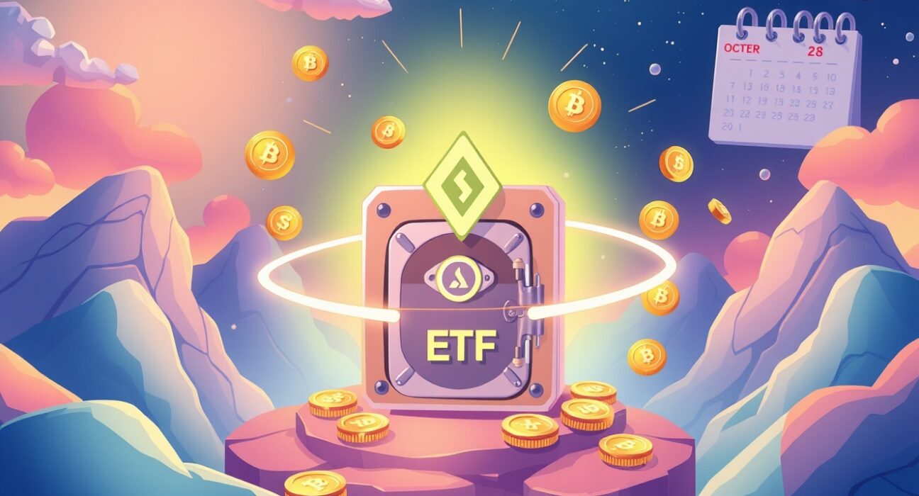 A cartoon illustration in Ghibli Studio style showing a secure digital vault representing the Bitwise SOL Staking ETF, surrounded by Solana blockchain elements and investors.