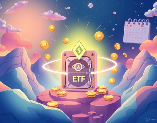 A cartoon illustration in Ghibli Studio style showing a secure digital vault representing the Bitwise SOL Staking ETF, surrounded by Solana blockchain elements and investors.