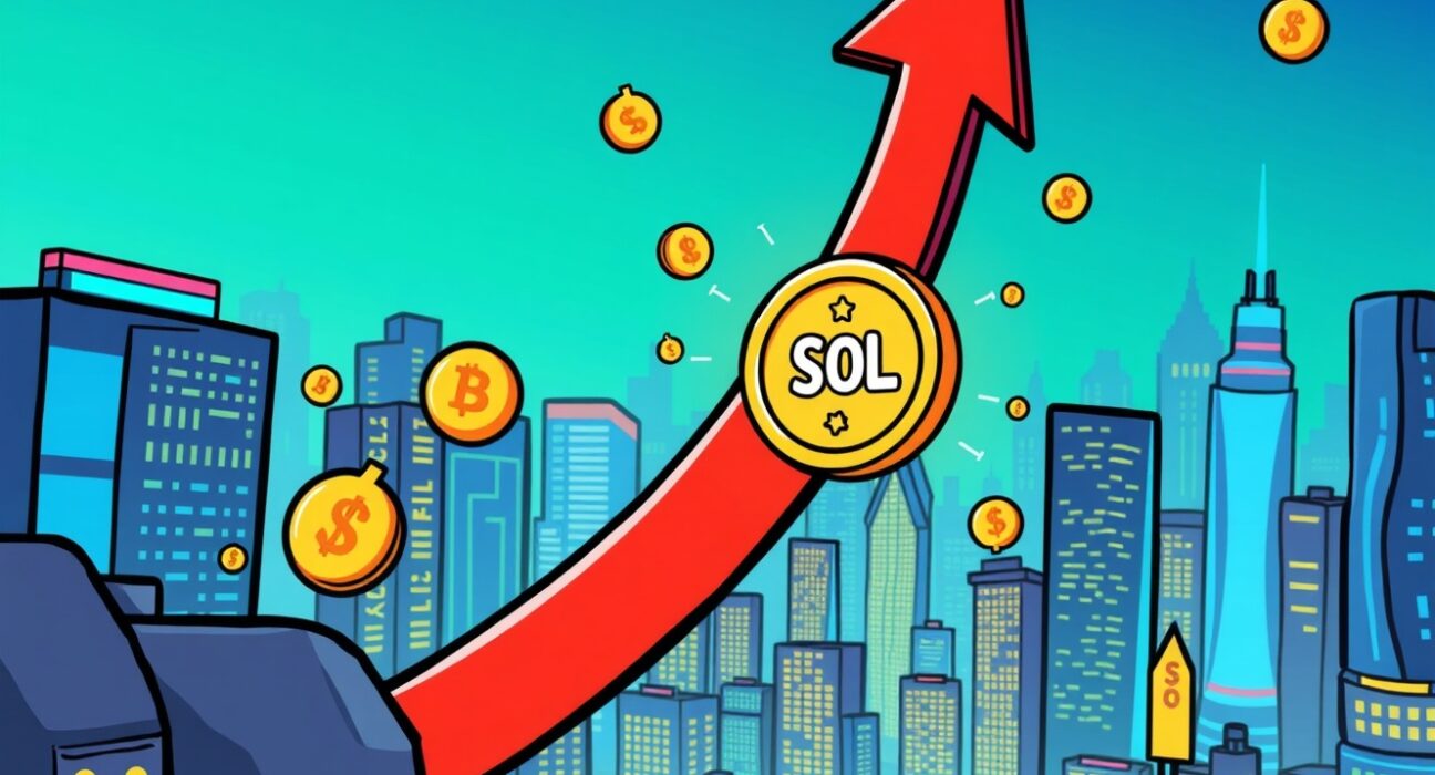 A vibrant cartoon illustration showing a rapidly rising chart and a prominent 'SOL' coin, representing the impressive Bitwise SOL staking ETF trading volume.