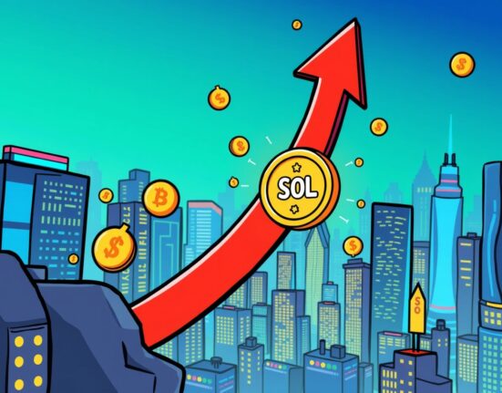 A vibrant cartoon illustration showing a rapidly rising chart and a prominent 'SOL' coin, representing the impressive Bitwise SOL staking ETF trading volume.