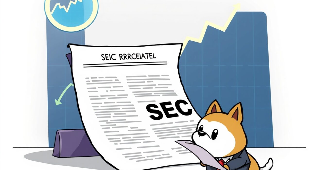 A cartoon Dogecoin character scrutinizes SEC documents, symbolizing the extended review of the Bitwise spot DOGE ETF and its market implications.
