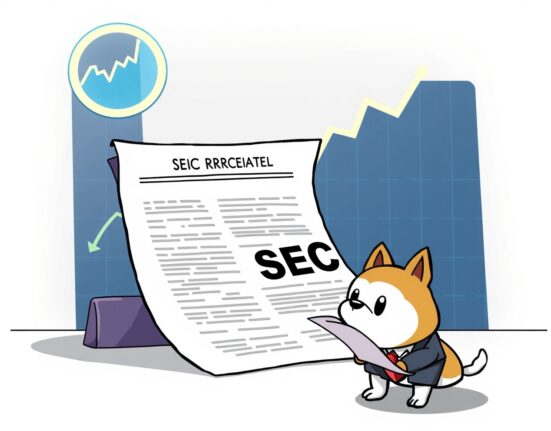 A cartoon Dogecoin character scrutinizes SEC documents, symbolizing the extended review of the Bitwise spot DOGE ETF and its market implications.