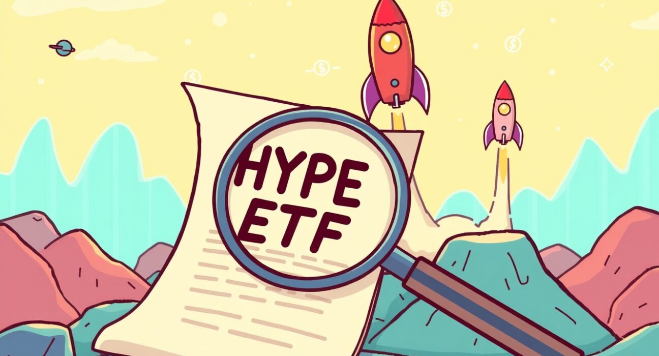 Cartoon illustration of a magnifying glass examining a 'HYPE ETF' document amidst a growing crypto market, symbolizing the launch of the spot HYPE ETF.
