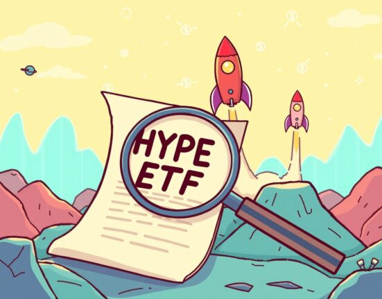Cartoon illustration of a magnifying glass examining a 'HYPE ETF' document amidst a growing crypto market, symbolizing the launch of the spot HYPE ETF.