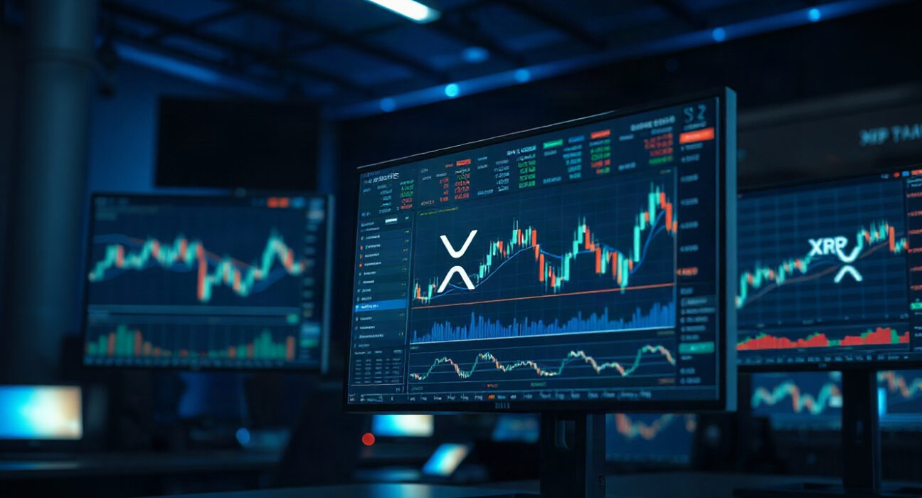 Trading monitors displaying XRP price charts on a professional trading desk