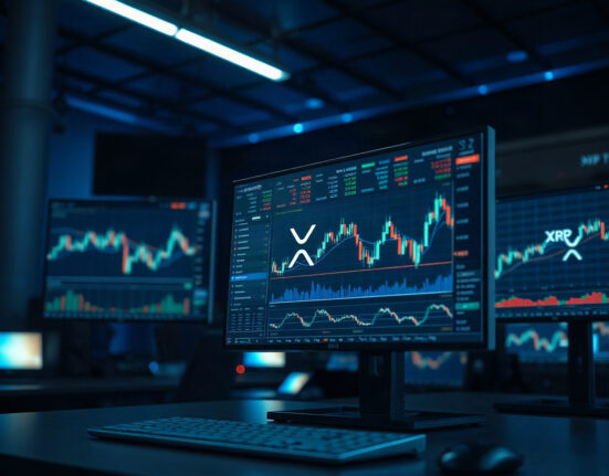 Trading monitors displaying XRP price charts on a professional trading desk