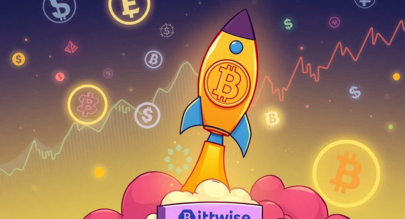 A cartoon rocket, symbolizing innovation, launches from a Bitwise platform amidst digital assets, representing the groundbreaking stablecoin ETF.