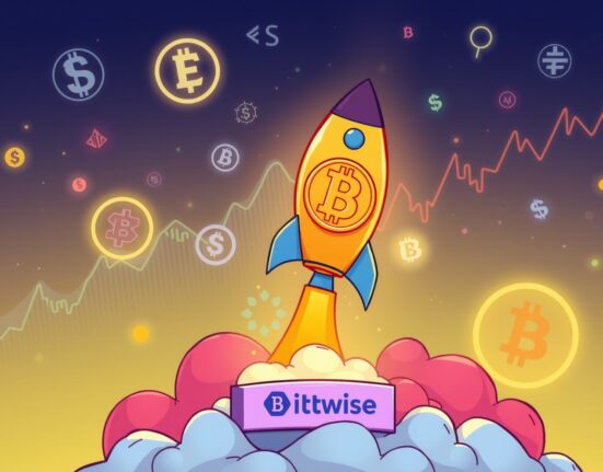 A cartoon rocket, symbolizing innovation, launches from a Bitwise platform amidst digital assets, representing the groundbreaking stablecoin ETF.