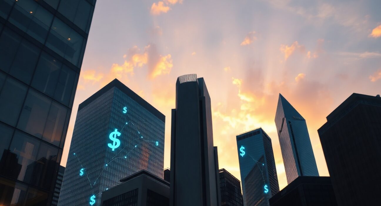 Modern financial skyline at dusk symbolizing stablecoin market growth