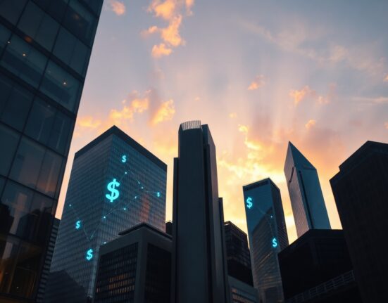 Modern financial skyline at dusk symbolizing stablecoin market growth