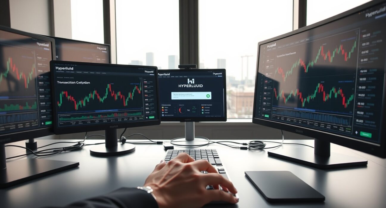 Professional trading desk with cryptocurrency charts and Hyperliquid interface