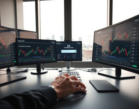 Professional trading desk with cryptocurrency charts and Hyperliquid interface