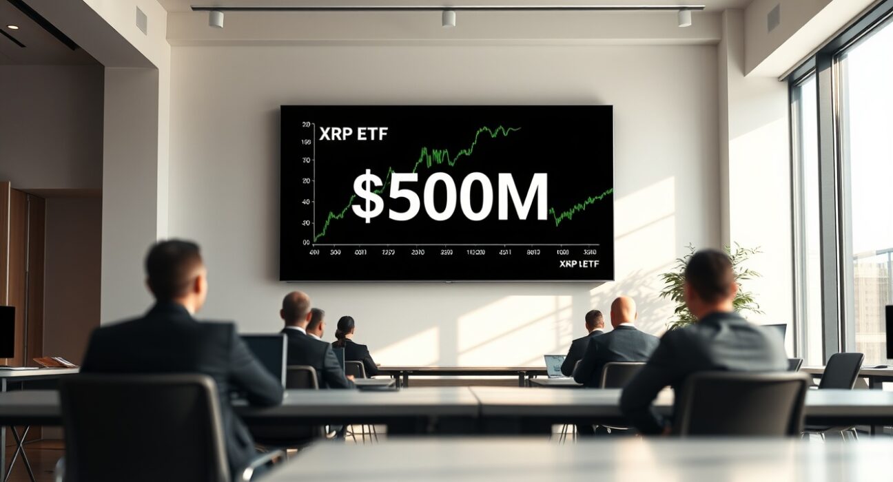 Digital display showing XRP ETF chart with $500 million milestone in a modern financial office