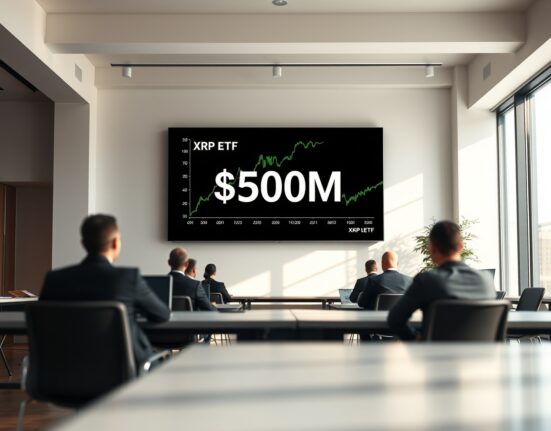 Digital display showing XRP ETF chart with $500 million milestone in a modern financial office