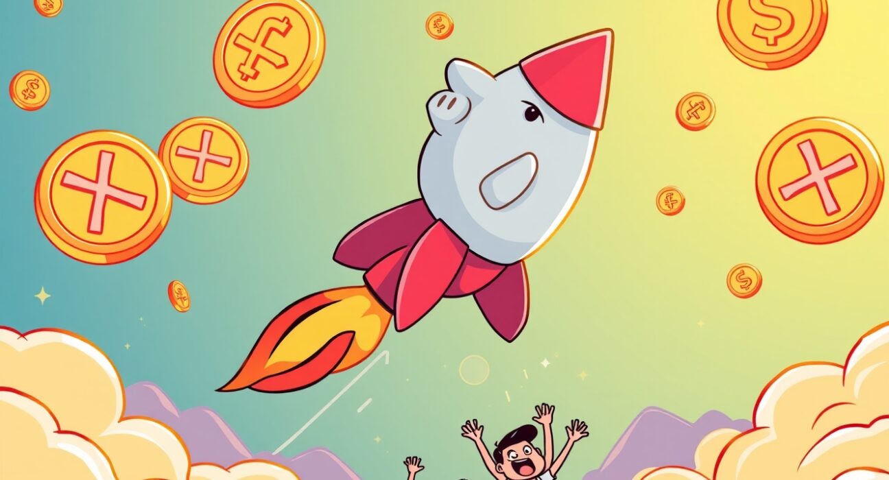 XRP ETF success shown as rocket piggy bank launching with digital coins