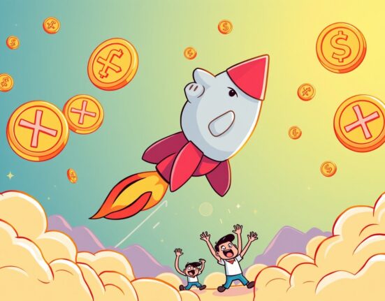 XRP ETF success shown as rocket piggy bank launching with digital coins