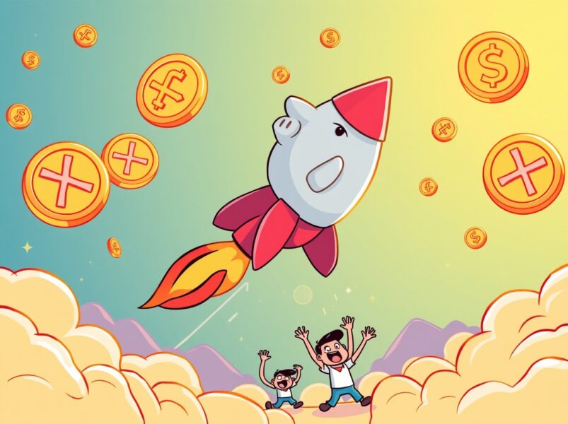 XRP ETF success shown as rocket piggy bank launching with digital coins