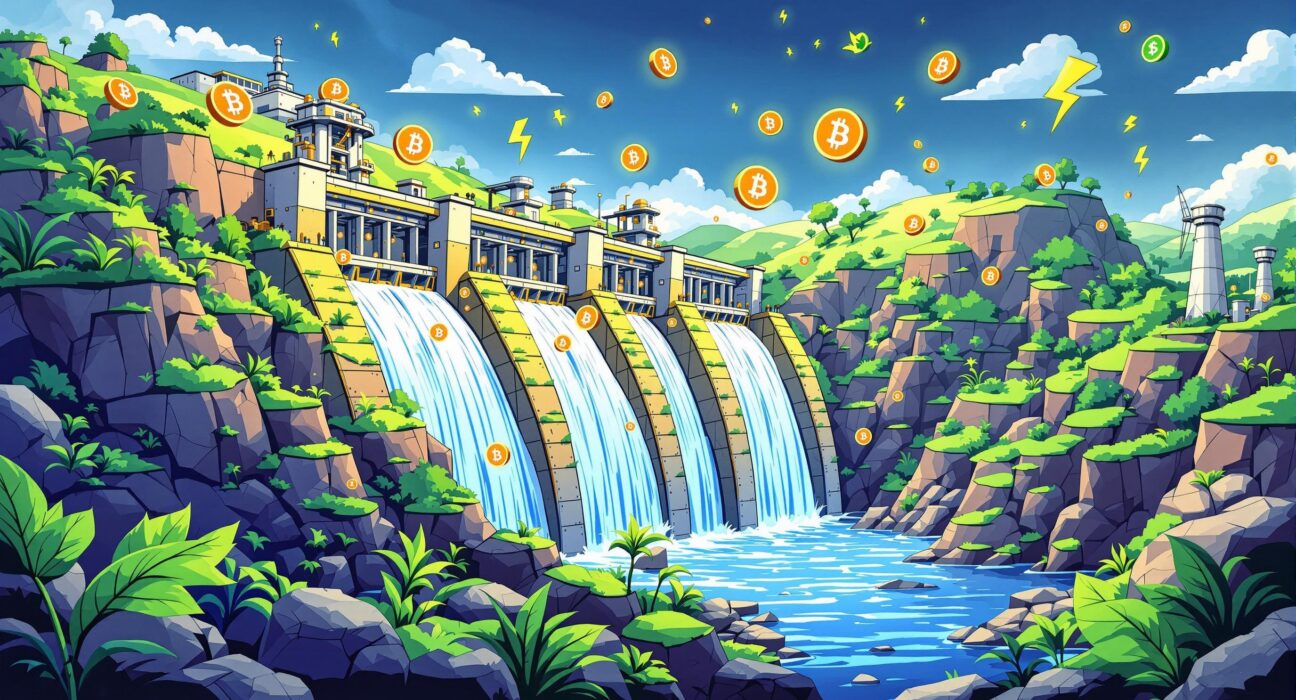 A hydroelectric dam powers a crypto mining facility, symbolizing Bitzero's investment in sustainable crypto mining.