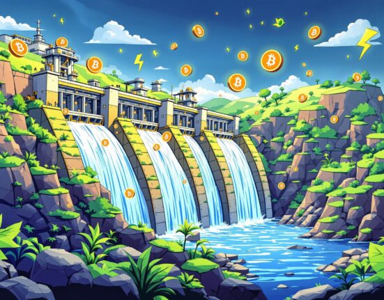 A hydroelectric dam powers a crypto mining facility, symbolizing Bitzero's investment in sustainable crypto mining.