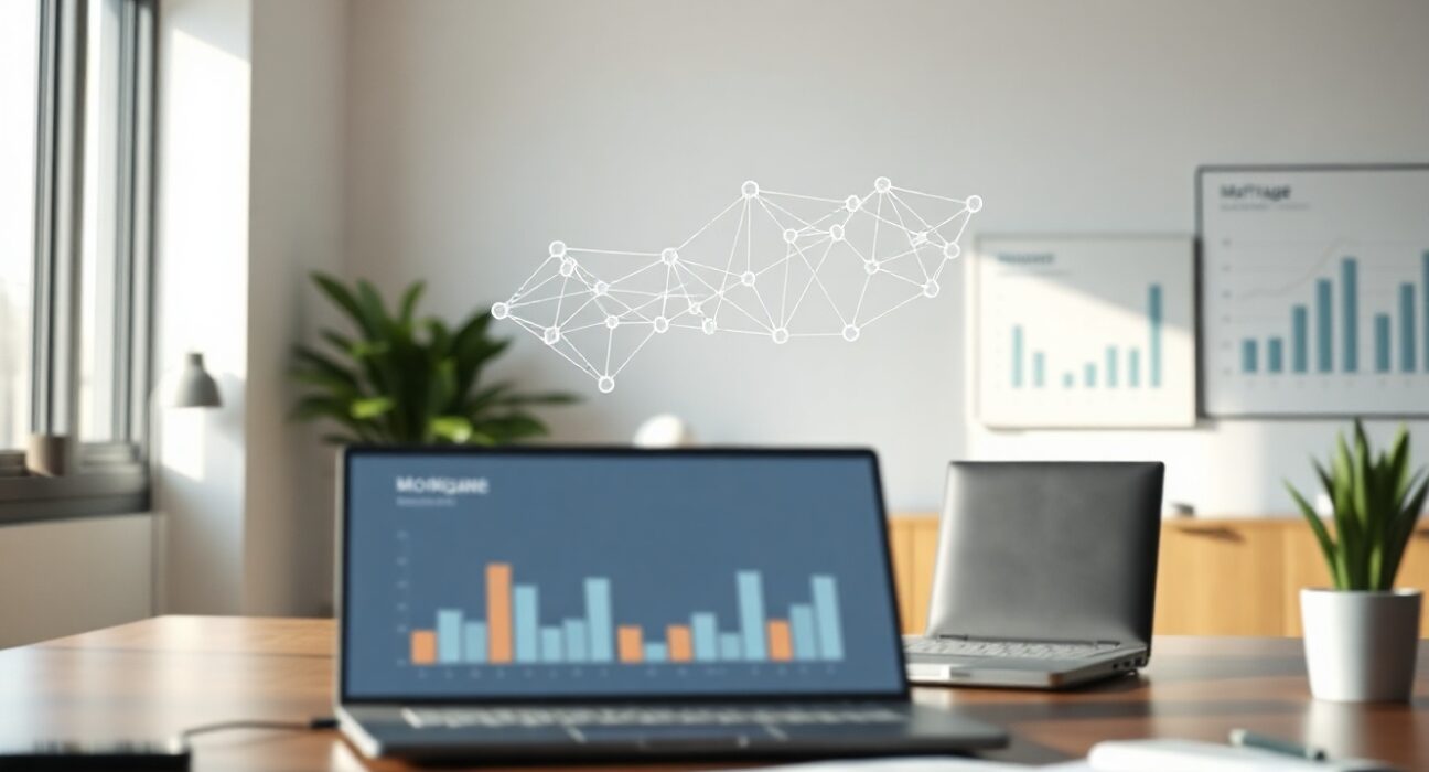 Digital interface showing blockchain network and mortgage documents in a modern office setting