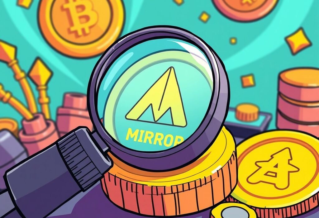 Cartoon showing a digital magnifying glass discovering the Black Mirror MIRROR token on a crypto trading platform.