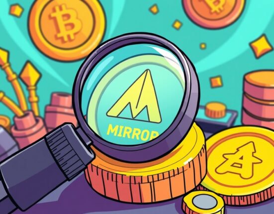 Cartoon showing a digital magnifying glass discovering the Black Mirror MIRROR token on a crypto trading platform.