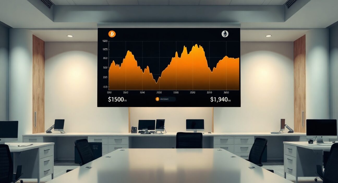 Digital screen showing Bitcoin and Ethereum price charts in a modern financial office setting