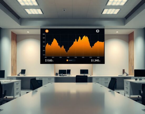 Digital screen showing Bitcoin and Ethereum price charts in a modern financial office setting