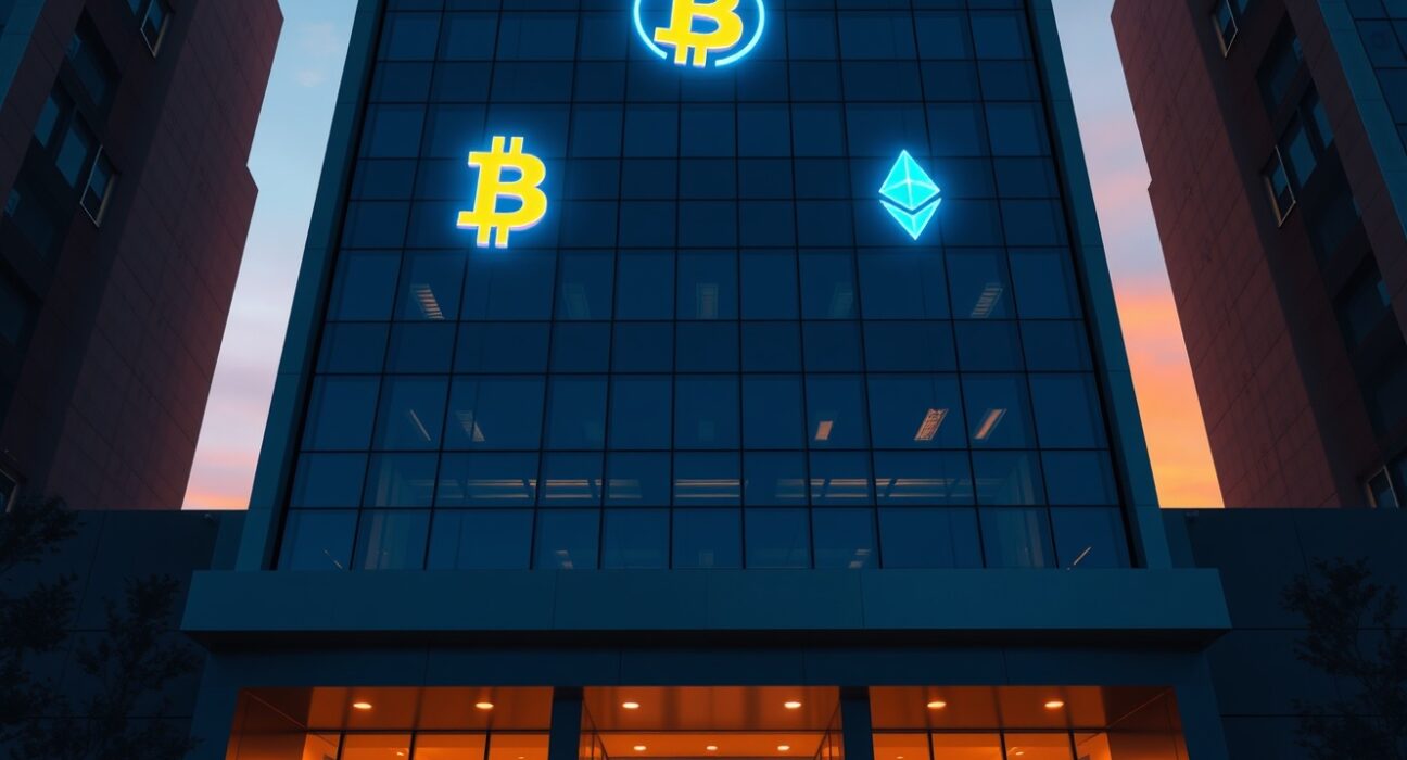 BlackRock building with glowing Bitcoin and Ethereum symbols representing a large crypto transfer