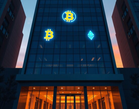 BlackRock building with glowing Bitcoin and Ethereum symbols representing a large crypto transfer