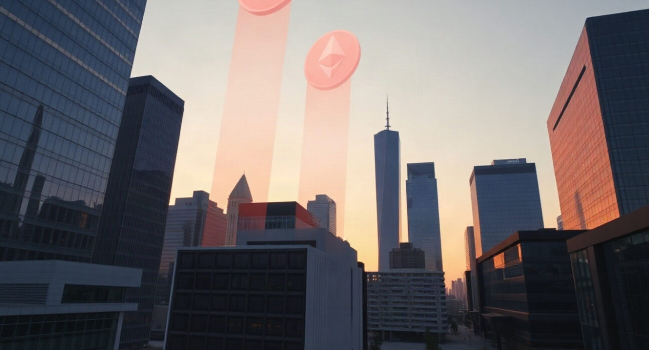 Financial district skyline with digital Bitcoin and Ethereum symbols in the sky