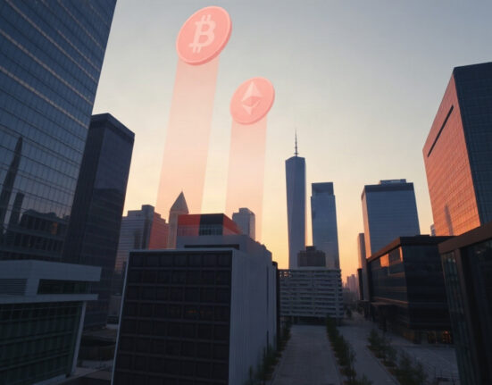 Financial district skyline with digital Bitcoin and Ethereum symbols in the sky