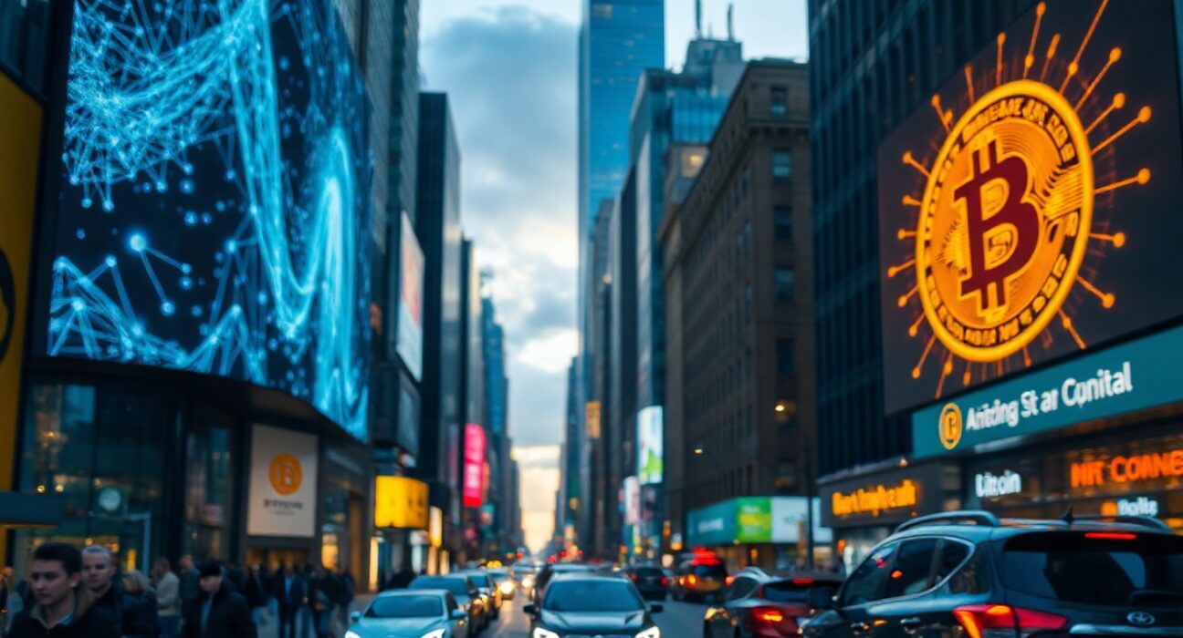 Bitcoin and AI billboards competing in a city skyline at dusk