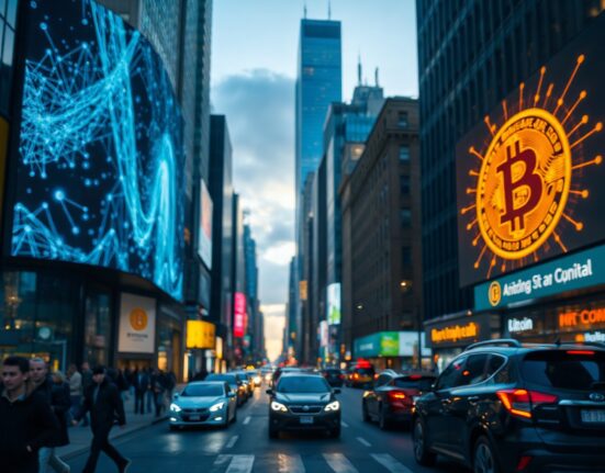 Bitcoin and AI billboards competing in a city skyline at dusk