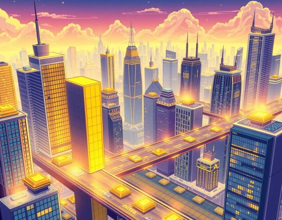 A vibrant cartoon illustrating asset tokenization as a bridge between traditional finance and digital innovation.