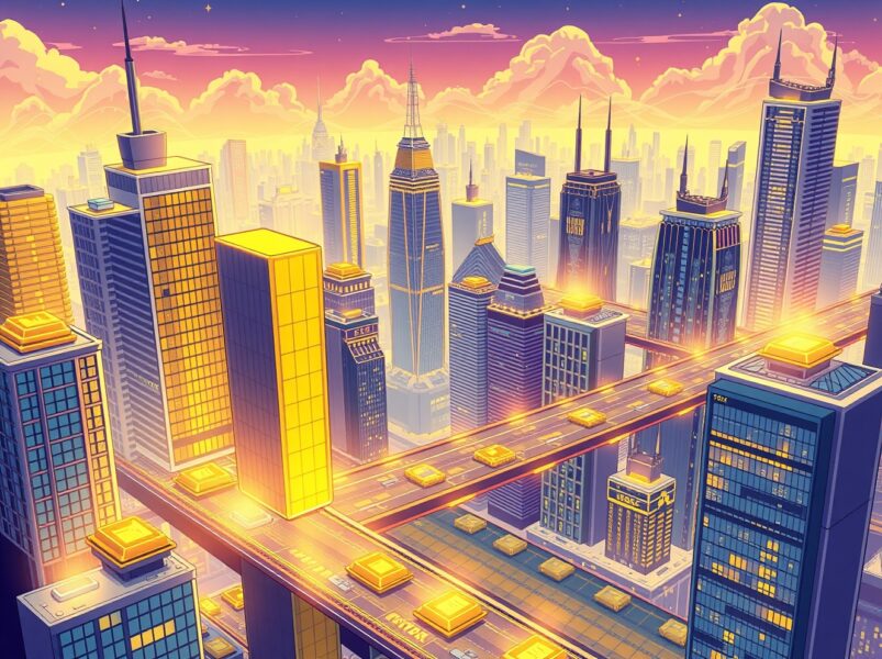 A vibrant cartoon illustrating asset tokenization as a bridge between traditional finance and digital innovation.