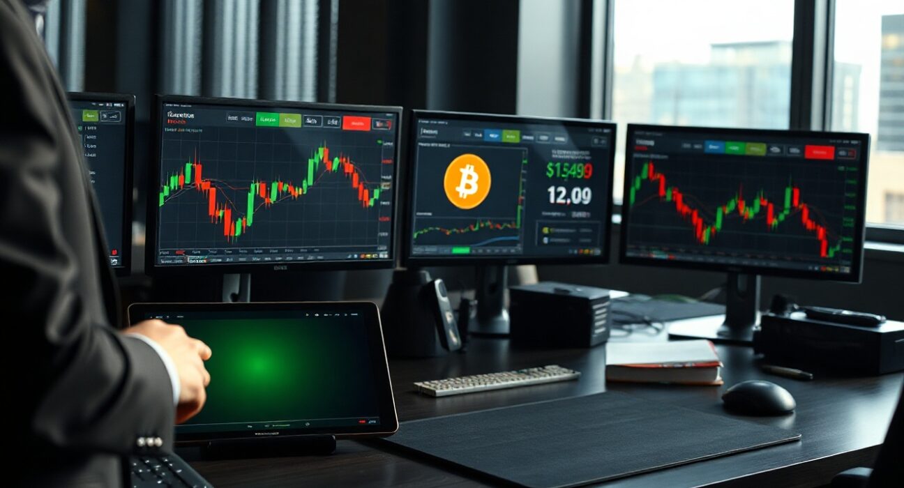 Analyst reviewing Bitcoin price charts on monitors with BlackRock branding visible