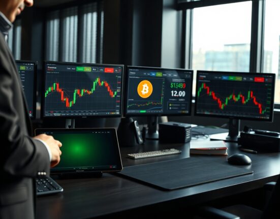 Analyst reviewing Bitcoin price charts on monitors with BlackRock branding visible