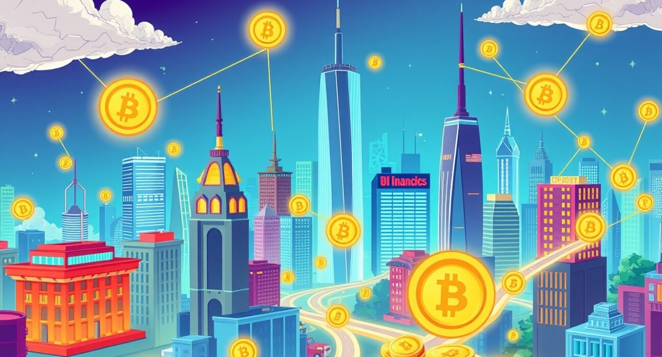 A vibrant illustration showing accelerated Bitcoin adoption bridging traditional finance and digital economy.