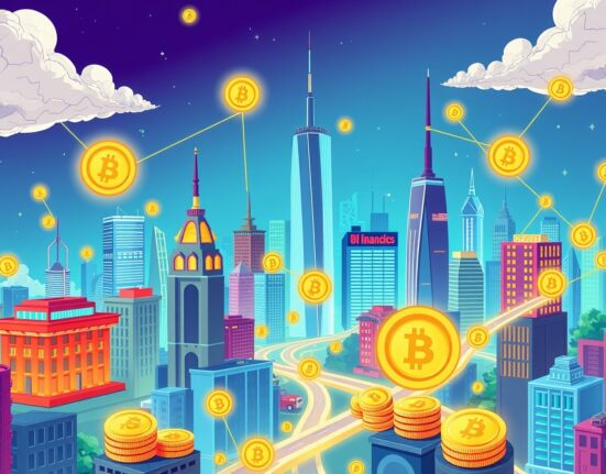 A vibrant illustration showing accelerated Bitcoin adoption bridging traditional finance and digital economy.